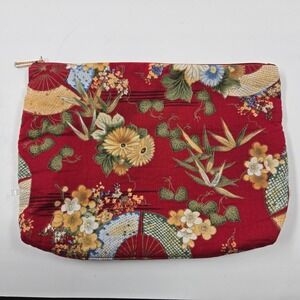 Celebrity Red Floral Japanese Fan Print Cosmetic Travel Pouch Makeup Bag Zip Top
